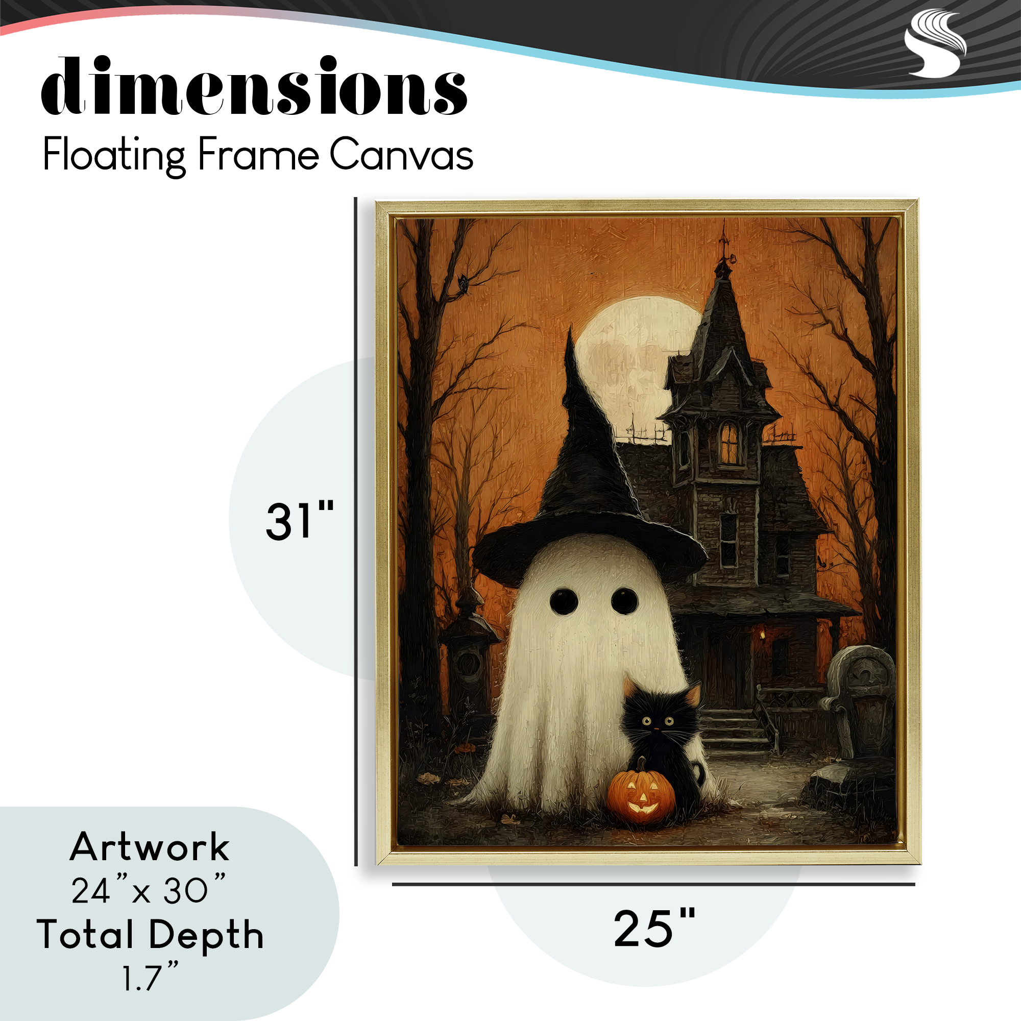 Cute Ghost & Haunted House Gold Framed Floater Canvas Wall Art, design by Arlington Prints