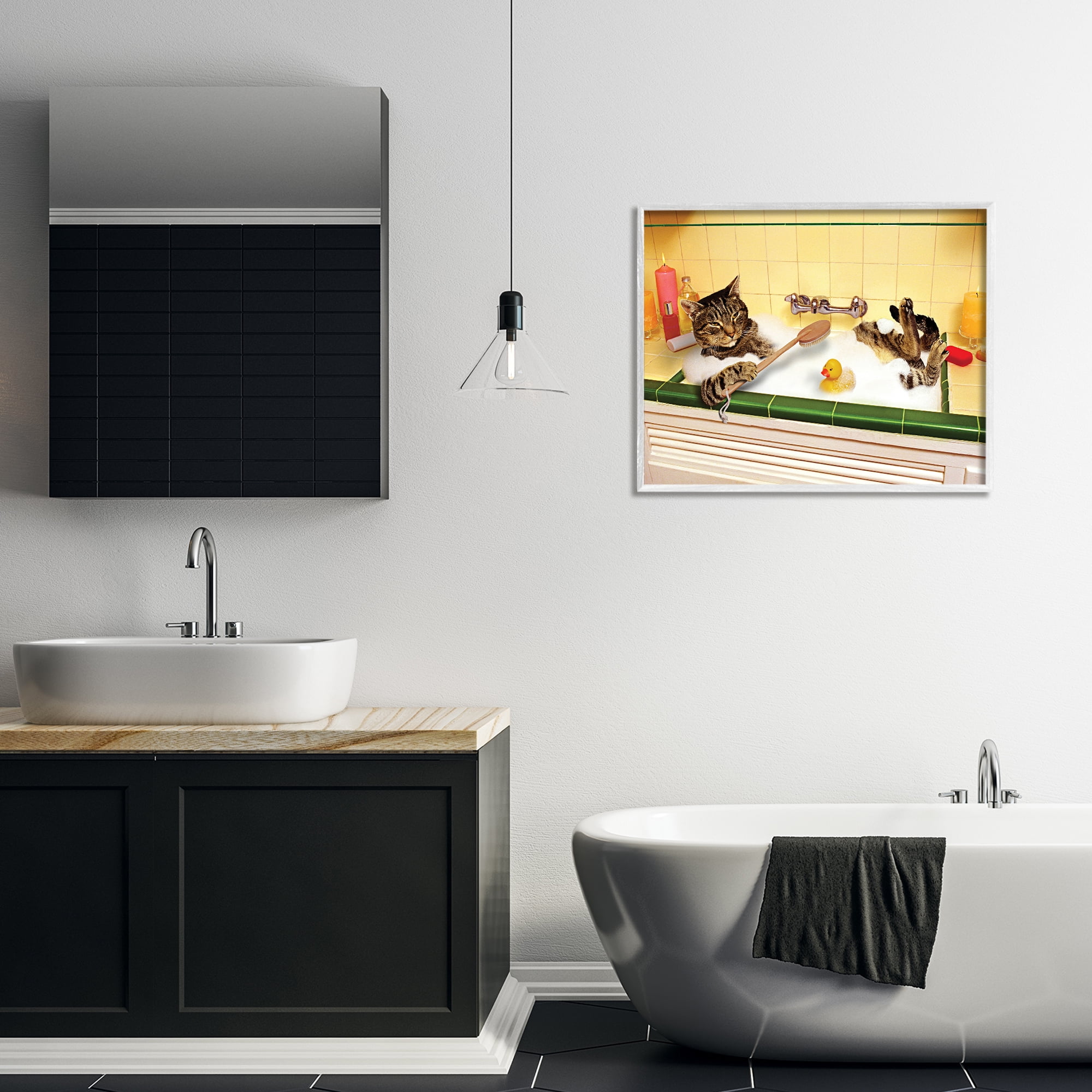 Stupell Industries Cat Bathing in Tub Typography Painting White Framed Art Print Wall Art, 30 x 24