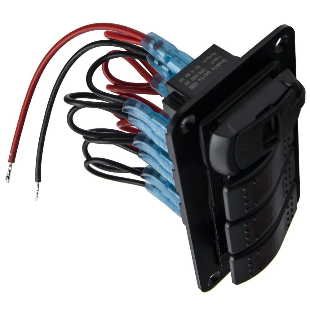 4 Gang Rocker Switch Panel, ABS+PC 12V-24V Toggle Switch with Red LED, IP65 Waterproof Interior Control Panel for Car, Boat, Marine, RV, Truck, SKU 75515536, Black