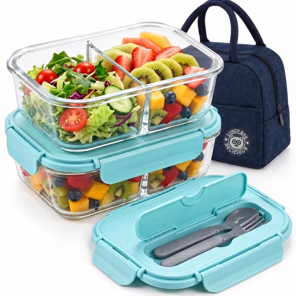 Glazina 2 Compartment Glass Meal Prep Containers with Utensils and Lunch Bag, Food Storage Containers 2 Pack