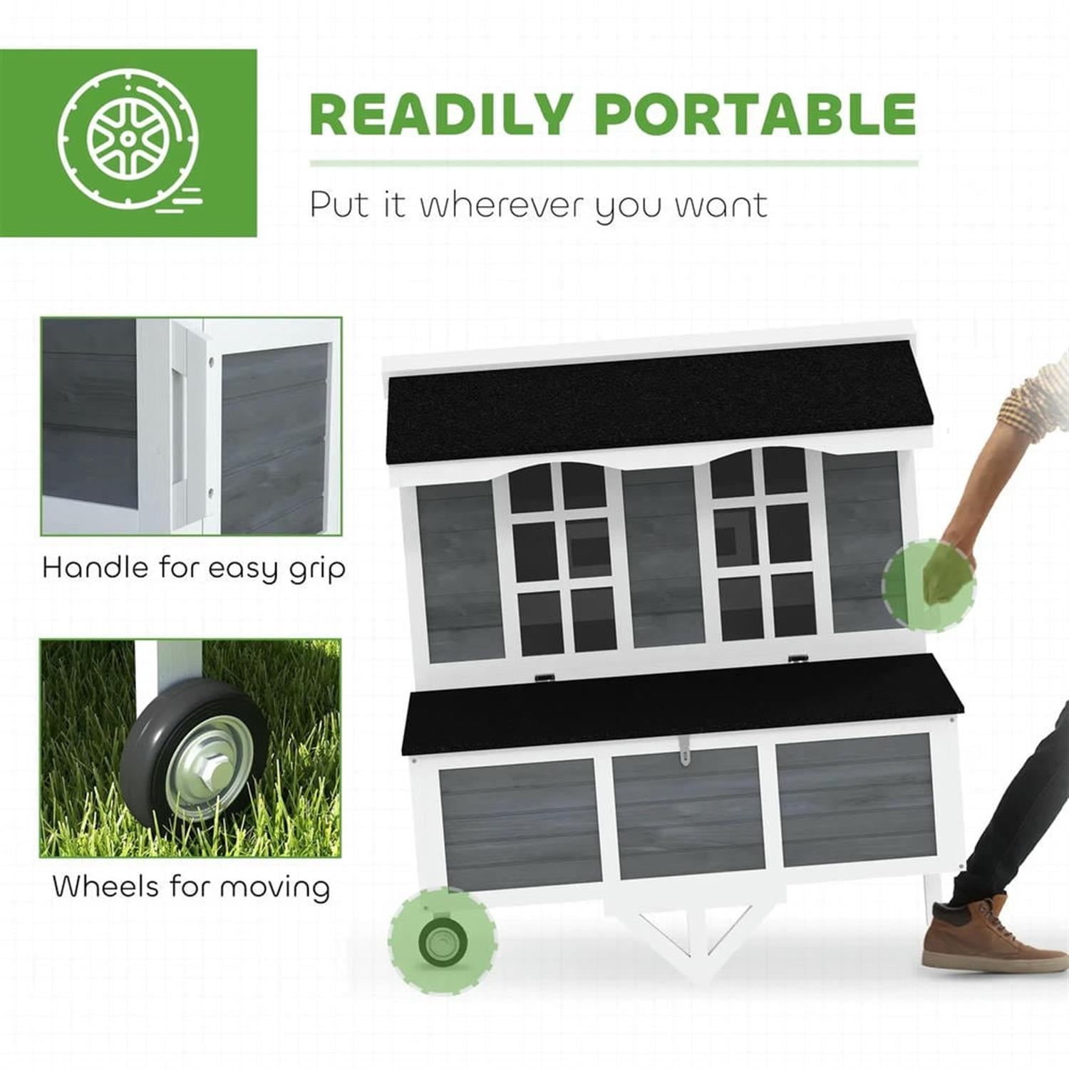 Pefilos 50" Outdoor Wooden Chicken Coop with Nesting Box, Wheels, Farm Hen House 2-4 Hens, Weatherproof Pet House for Rabbits, Bunnies, Gray