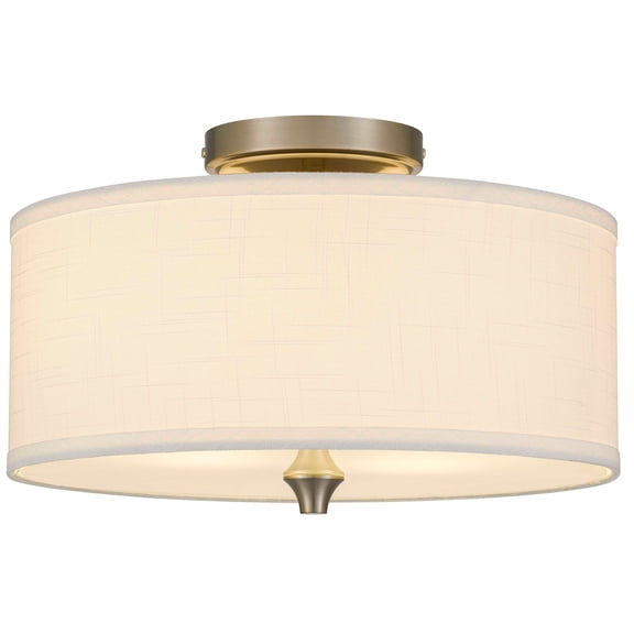 Kira Home Newport 14" 2-Light Modern Semi-Flush Mount Ceiling Light   Off White Linen Drum Shade, Brushed Nickel Finish