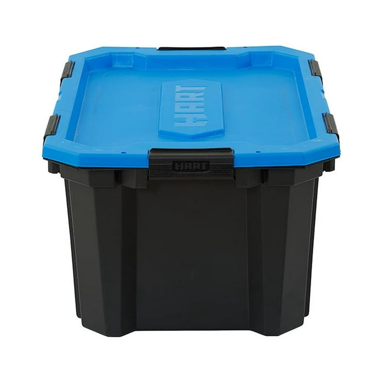 Hart 24 Gallon Weatherproof Latching Heavy Duty Plastic Storage Bin, Black Base/Blue Lid