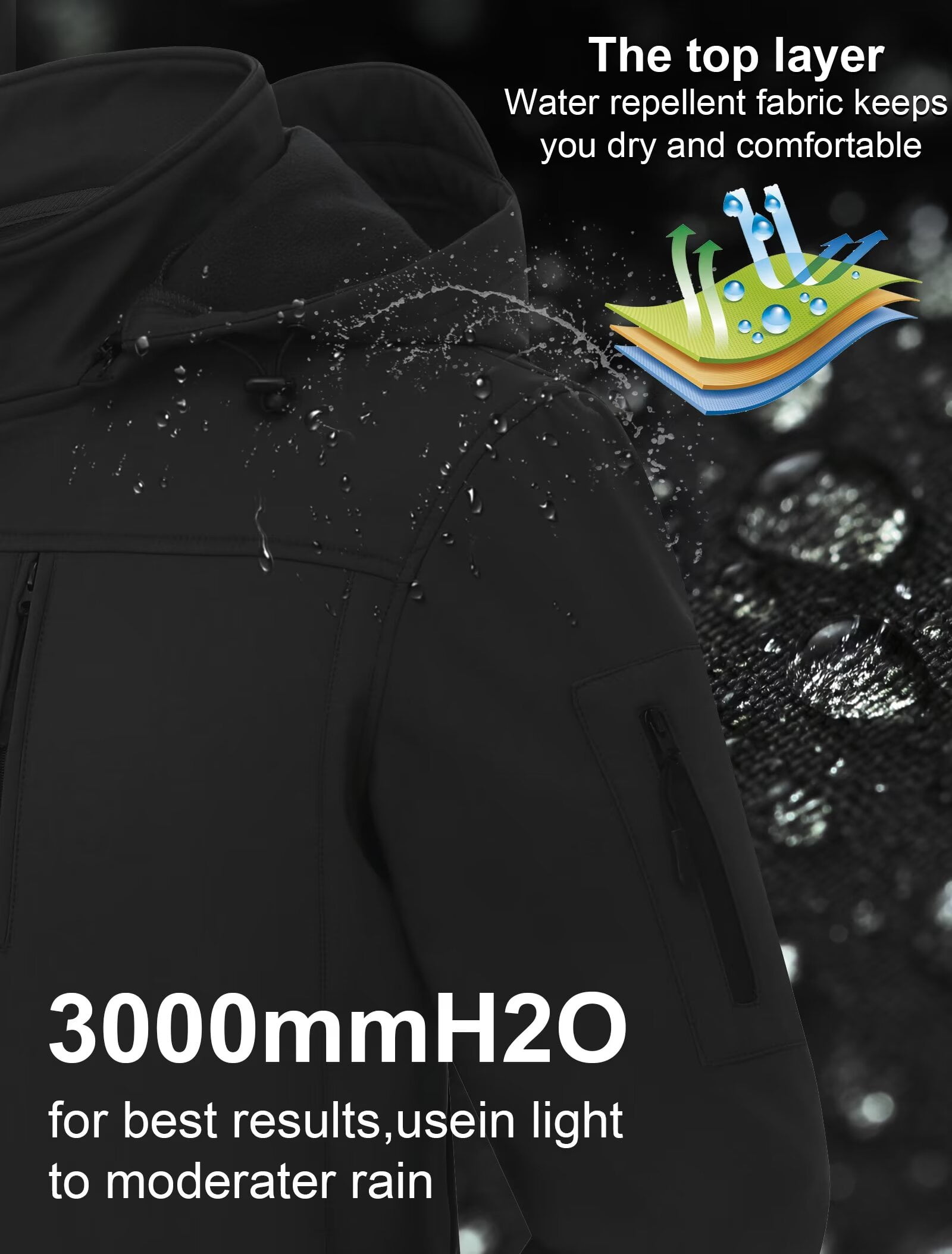 Chrisuno Men's Lightweight Water Resistant Breathable Hooded Performance Softshell Sports Wear Black S