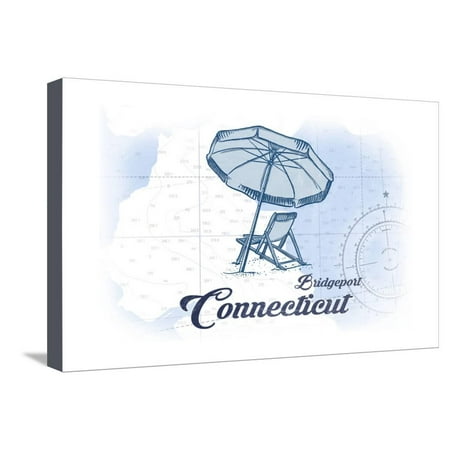 Bridgeport, Connecticut - Beach Chair and Umbrella - Blue - Coastal Icon Stretched Canvas Print Wall Art By Lantern