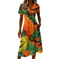 thumbnail image 4 of Halloween Dresses for Women Pumpkin Ghost Short Sleeve Spooky Midi Dresses Bat Witch Hat V Neck Horror Sundress, XL, 4 of 5