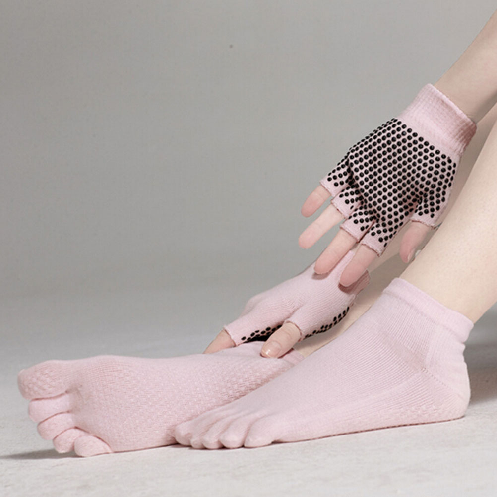 OUNONA Yoga Socks and Gloves Set Non Grip with Silicone Dots (Pink