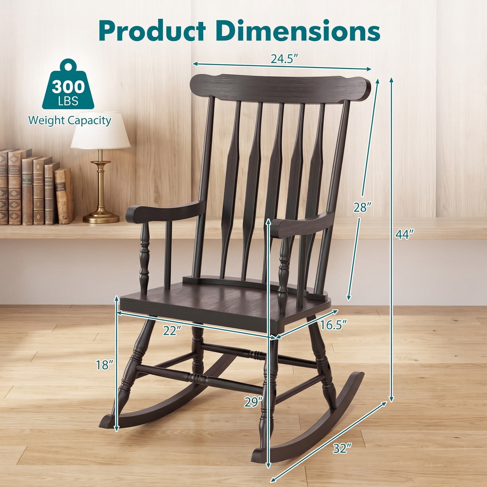 Furnibear Rocking Chair with Solid Rubber Wood Frame and Classic Spindle Back for Indoor Living Room, Front Porch and Patio, Brown