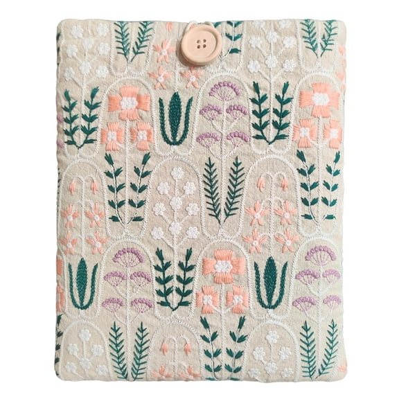 Embroidered Book Sleeve – Cotton Padded Cover, Beige Floral Pattern, 10.6x8.7 Inches