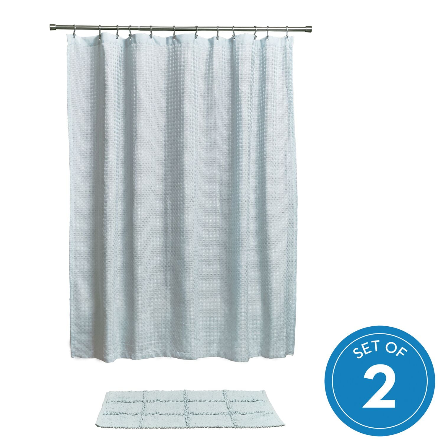 iDesign Waffle Shower Curtain and Rug 2 piece Combo Set, Spa Blue