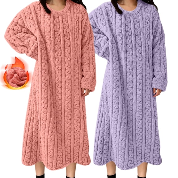 2 Pack Women Flannel Nightgowns Cable Knit Cozy Plush Long Sleeve Winter Warm Nightdress
