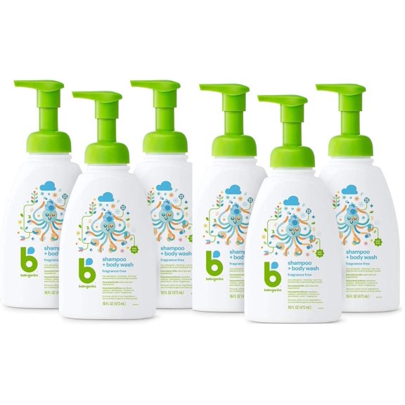 Babyganics Baby Shampoo Body Wash Pump Bottle, Fragrance Free, ,16 Fl Oz each. Pack of 6.