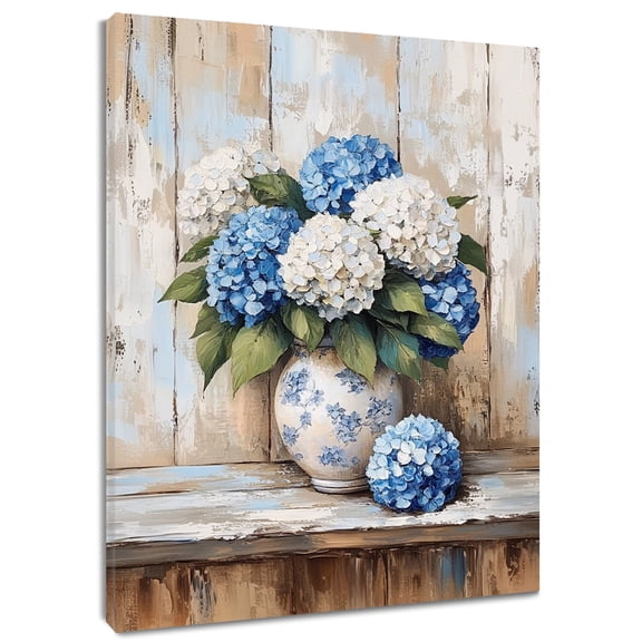 HVEST Blue Hydrangea Floral Wall Art Vintage Farmhouse Flower Canvas Wall Art Rustic Retro Wall Decor for Living Room Bedroom Home, 8 X 10 inches