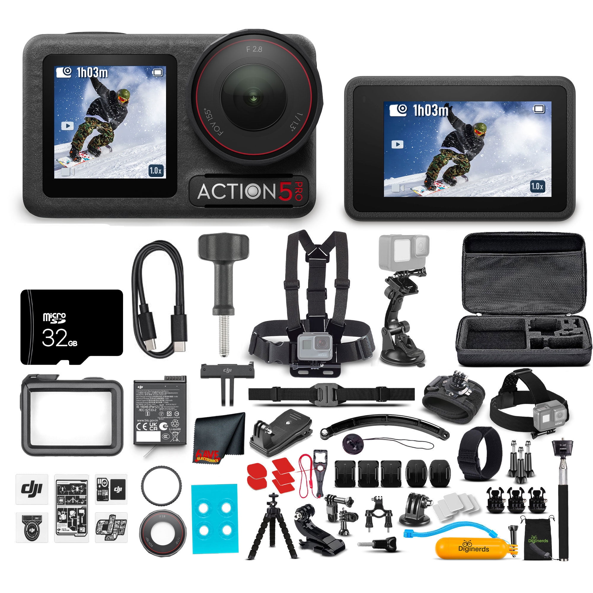 DJI Osmo Action 5 Pro Essential Combo - Action Camera Waterproof with 4K UHD Video, 1/1.3" Sensor, Dual Screens, Stabilization, For Vlogging, Sports & Travel + 64GB Card & 50 Piece Accessory Kit