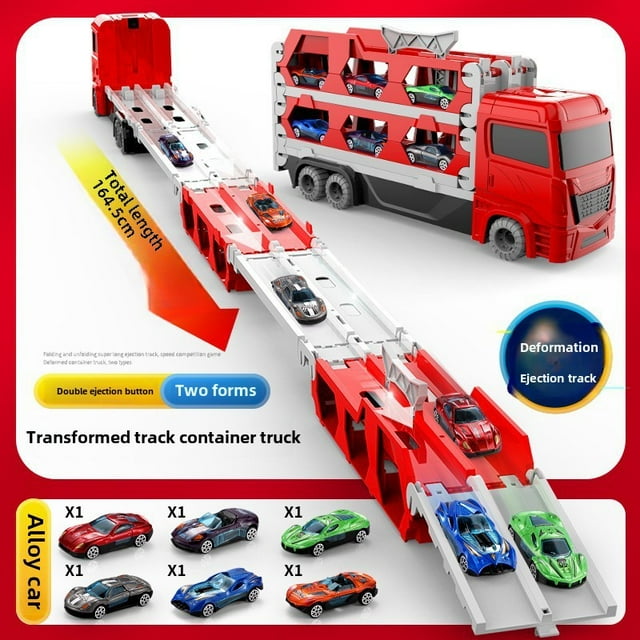 Red Large-Sized Transformable Track Cargo Container Toy Truck with Inertia-Driven and 6 Alloy Racing Cars - Interactive Educational Play Set for 4-6 Year Old Boys, Ideal for Wholesale, Promotes