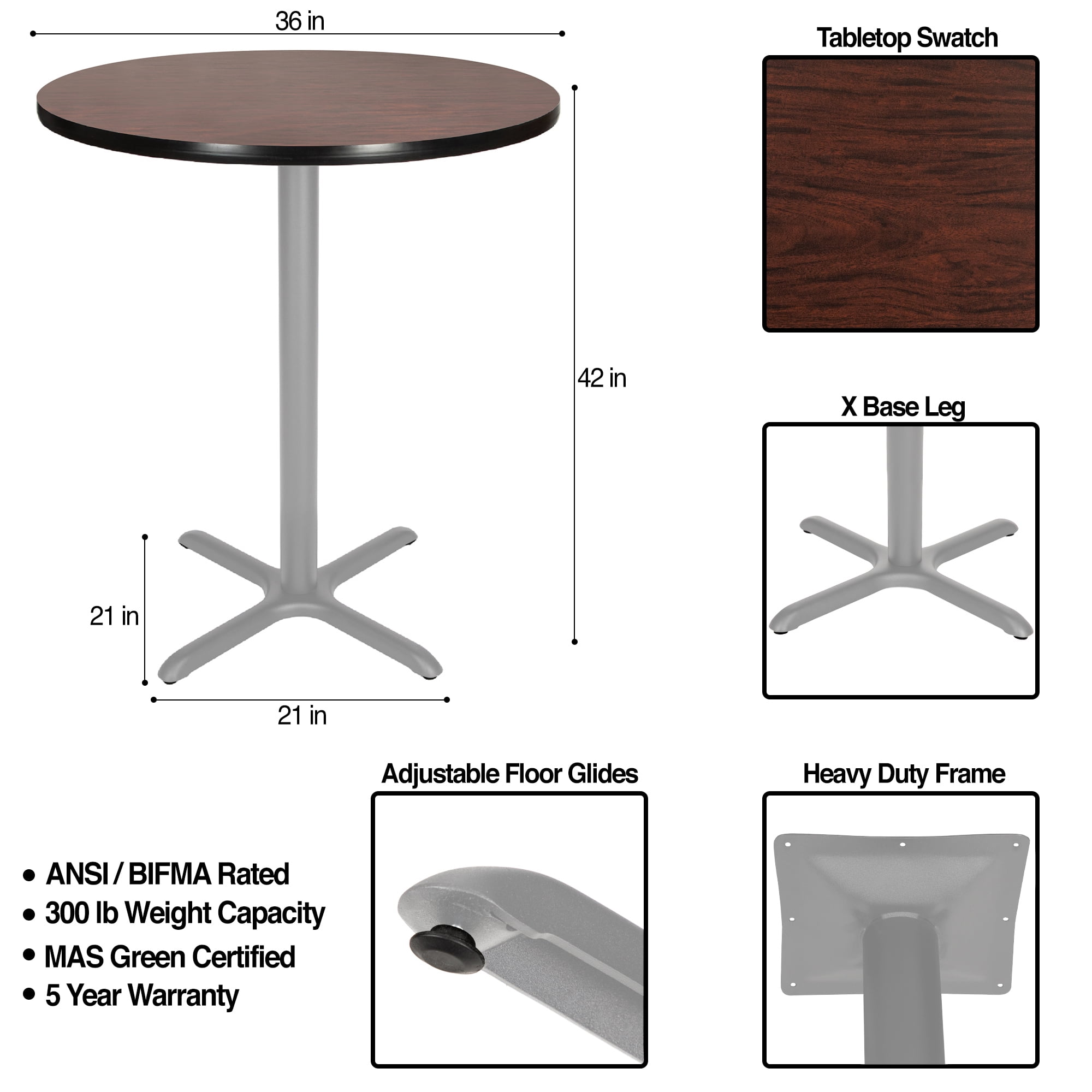Hampden Furnishings Bennet Collection Steel Frame 36" Round Top, X Base, 42" Height, Cafe Table Grey Frame/Mahogany Top