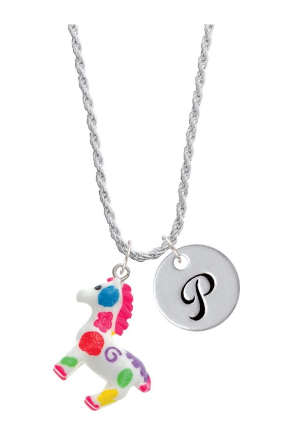 Resin Bright Paint Pony Silvertone Script Initial Disc - P - Charm Necklace, 20"+3"