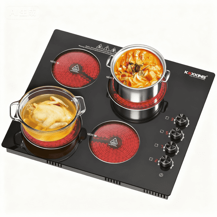 24 Inch Electric Cooktop, 6000W Built-in Ceramic Stove Top with 4 Burners & Knob Control, 220-240V Drop-in Radiant Cooktop(No Plug)