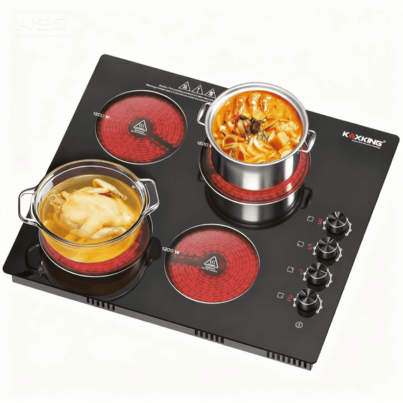 24 Inch Electric Cooktop, 6000W Built-in Ceramic Stove Top with 4 Burners & Knob Control, 220-240V Drop-in Radiant Cooktop(No Plug)