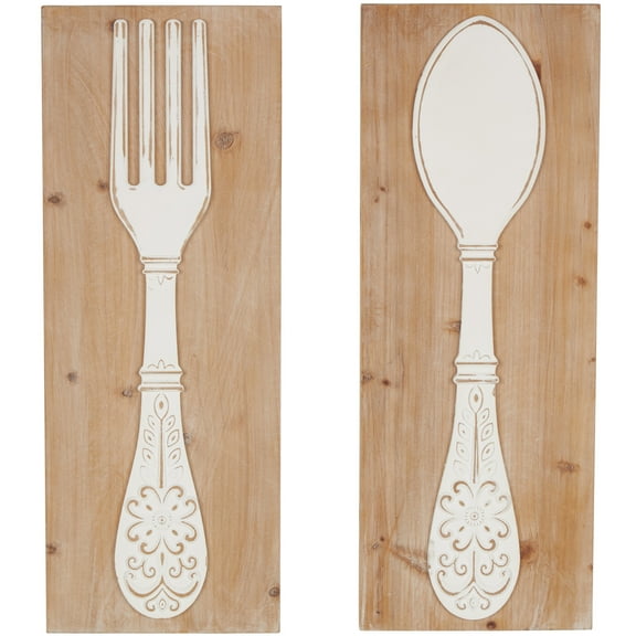 DecMode Brown Wooden Utensils Wall Decor with Carved White Floral Designs (2 Count)
