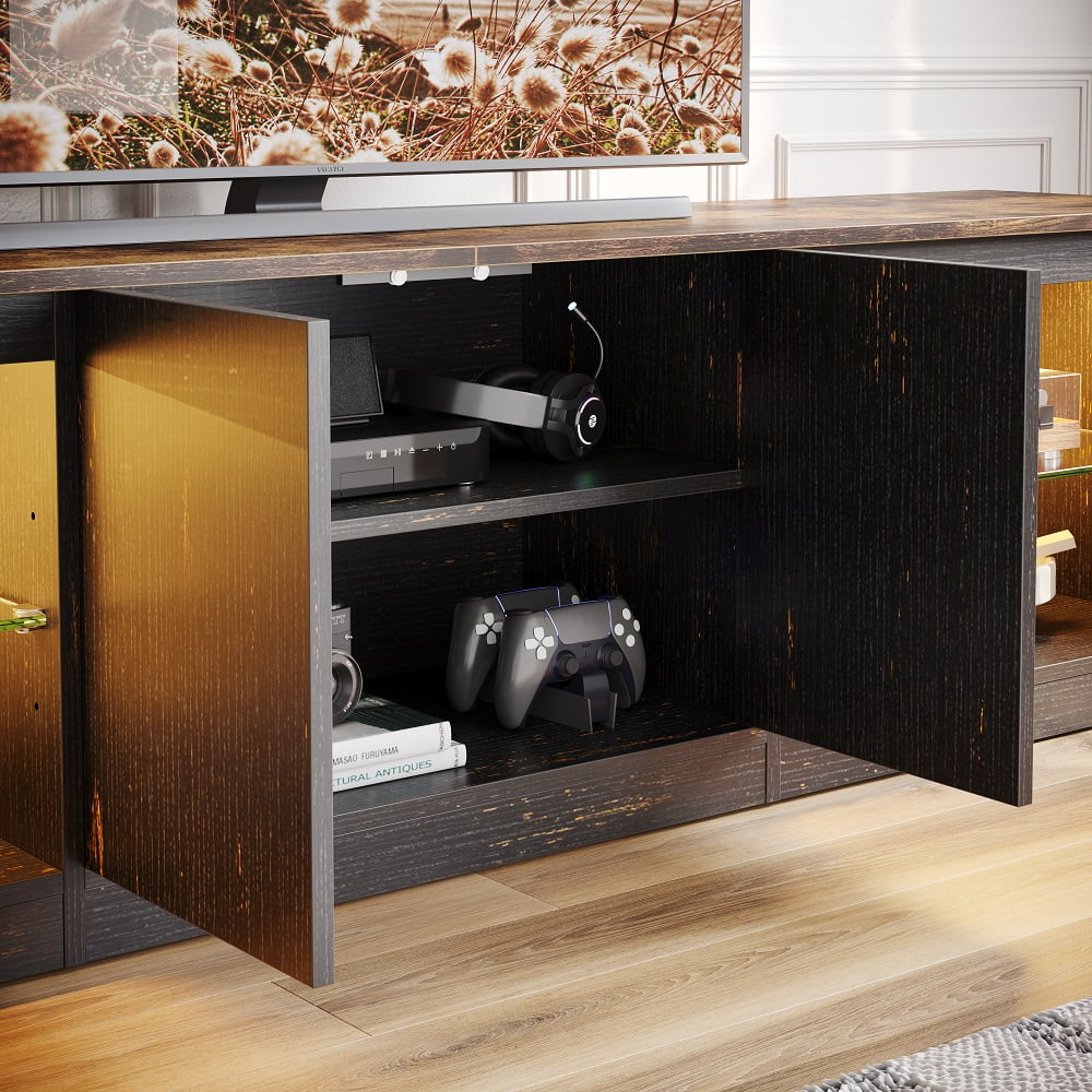 Bestier TV Stand for TVs up to 75" with Storage Cabinet, Entertainment Center for TVs with LED Light for Living Room, Black Gold