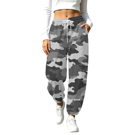 Karymi Running Shorts for Women Camo Printed Joggers, Elastic Drawstring Waist Sweatpants with Hand Pockets, Elastic Cuffed Ankle Daily Sports Pants