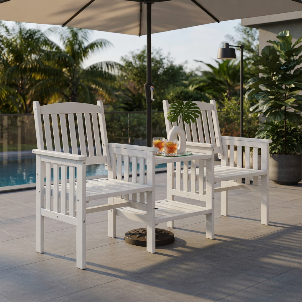 Hommoo Outdoor Fir Wood Loveseat Set with 2-Tier Side Table & 1.96-Inch Umbrella Hole, White