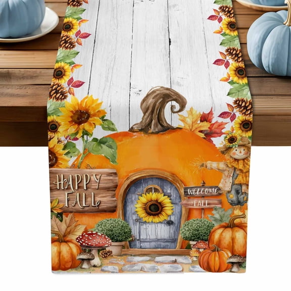 ERUNPONLY Fall Orange Pumpkins Table Runner - 60 Inch Long Thanksgiving Sunflowers Country Wooden Cotton Linen Blended Dress Scarves Farmhouse Table Runner for Kitchen Dining, Coffee Table, 13" x 60"