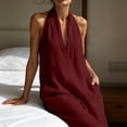 thumbnail image 3 of Beach Vacation Jumpsuits for Women Halter Neck Sleeveless Linen Rompers Summer Travel Wide Leg Jumpsuit Wine, 3XL, 3 of 7