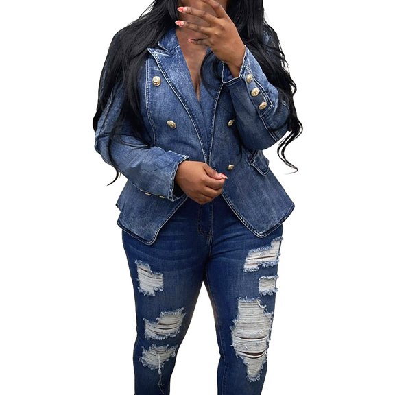 Sanbonepd Women's Slim Fit Denim Jacket Tailored Double Breasted Pockets Jeans Coat