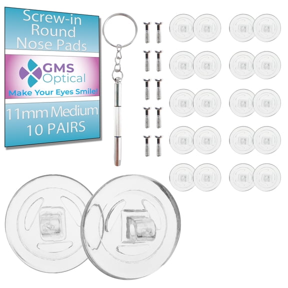 GMS Optical Round Screw-in Silicone Nose Pads for Glasses – 11mm Extra Small, 10 Pair with Screws & Driver (Clear)