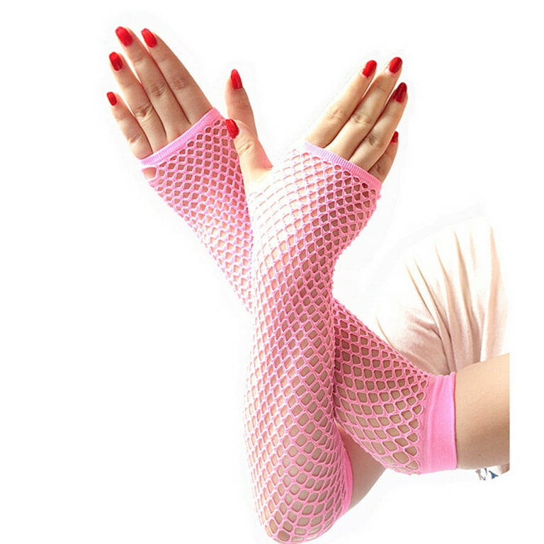 YWDJ Fishnet Gloves Ladies Girls Neon Long Fingerless Fishnet Lace High  Elasticity Gloves Pink 26cmX10cm 