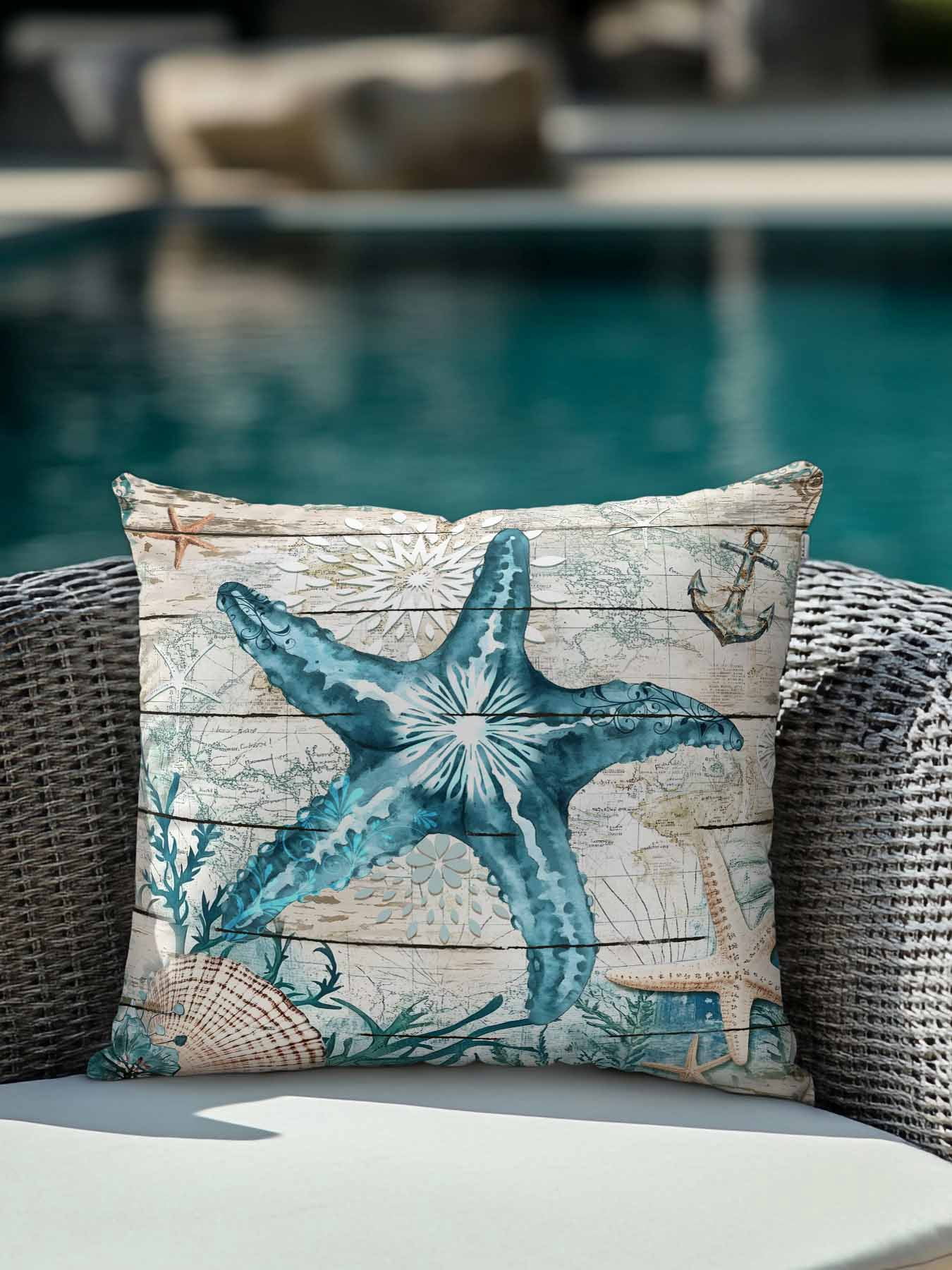 Outdoor Pillows Waterproof, Teal Starfish Coastal Bedding Throw Pillows with Insert for Couch Sofa Bed, Summer Beach Nautical Retro 16x16 Inch Pillowcases Decorative Camping Patio Pillow Set of 1