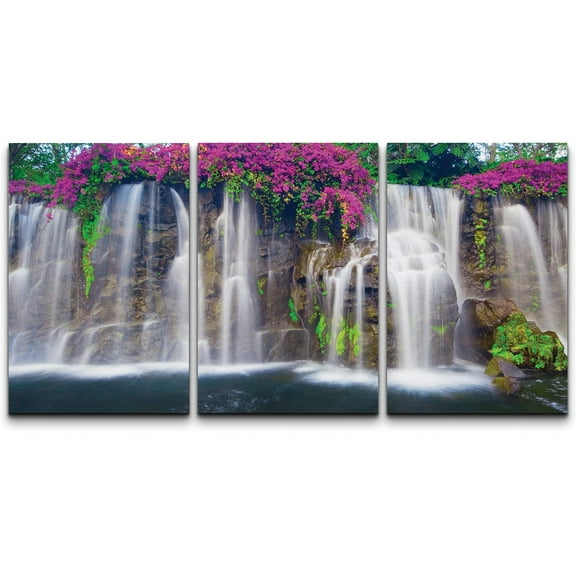 wall26 Canvas Print Wall Art Set Forest Pond Waterfall & Purple Flowers Nature Wilderness Photography Realism Chic Scenic Relax/Calm Multicolor for Living Room, Bedroom, Office - 24"x36&quot