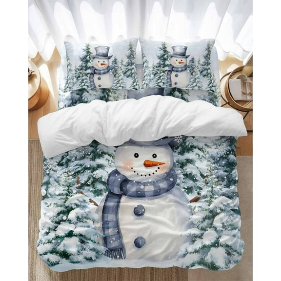 Christmas Blue Snowman Bedding Duvet Cover Set Full Size 4 Pieces Winter Snow Scene Pine Tree Forest Bird Bedding Set with Zipper Closure,1 Comforter Cover 86x86 Inches 1 Flat Sheet & 2 Pillow Cases
