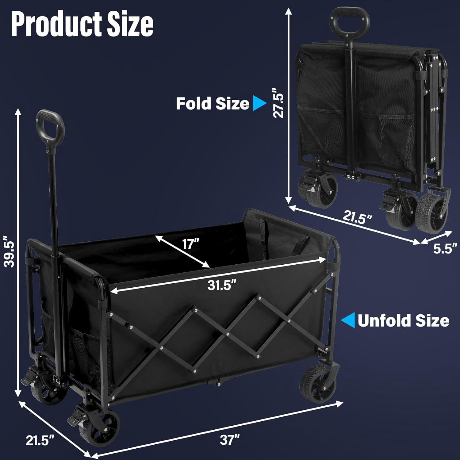 Wagon Cart Foldable with Brakes, 500LBS Heavy Duty Folding Utility Cart with All-Terrain Wheels for Beach