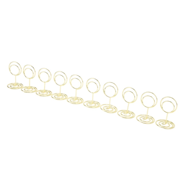 Table Number Holders, 20pcs round-shaped stands made of electroplated iron with a double-layer coil design and spiral base. Suitable for holding table numbers, name cards, photos, memos, and paper. Ideal for weddings, parties, dining tables, and office use. Bright gold finish resists rust, perfect for table decorations.