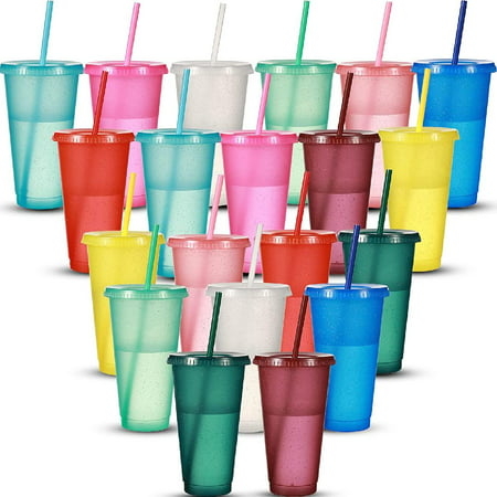 

24 oz Cups with Lids and Straws Plastic Tumbler with Straw and Lid Glitter Tumbler Iced Coffee Cup Reusable Travel Mug Water Bottle for Smoothie Party Birthday(Assorted Color 20 Pack)
