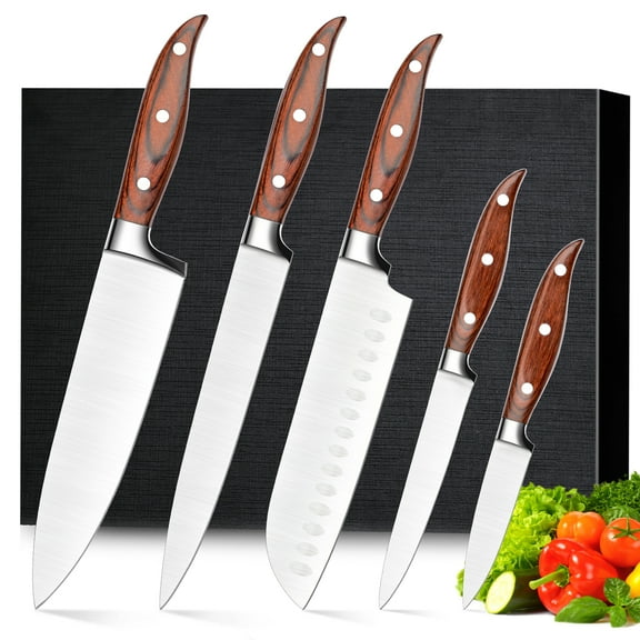 TINANA 5 PCS Kitchen Knife Set, Ultra-Sharp Stainless Steel Chef Knives with Ergonomic Pakkawood Handles for Cooking and Chopping