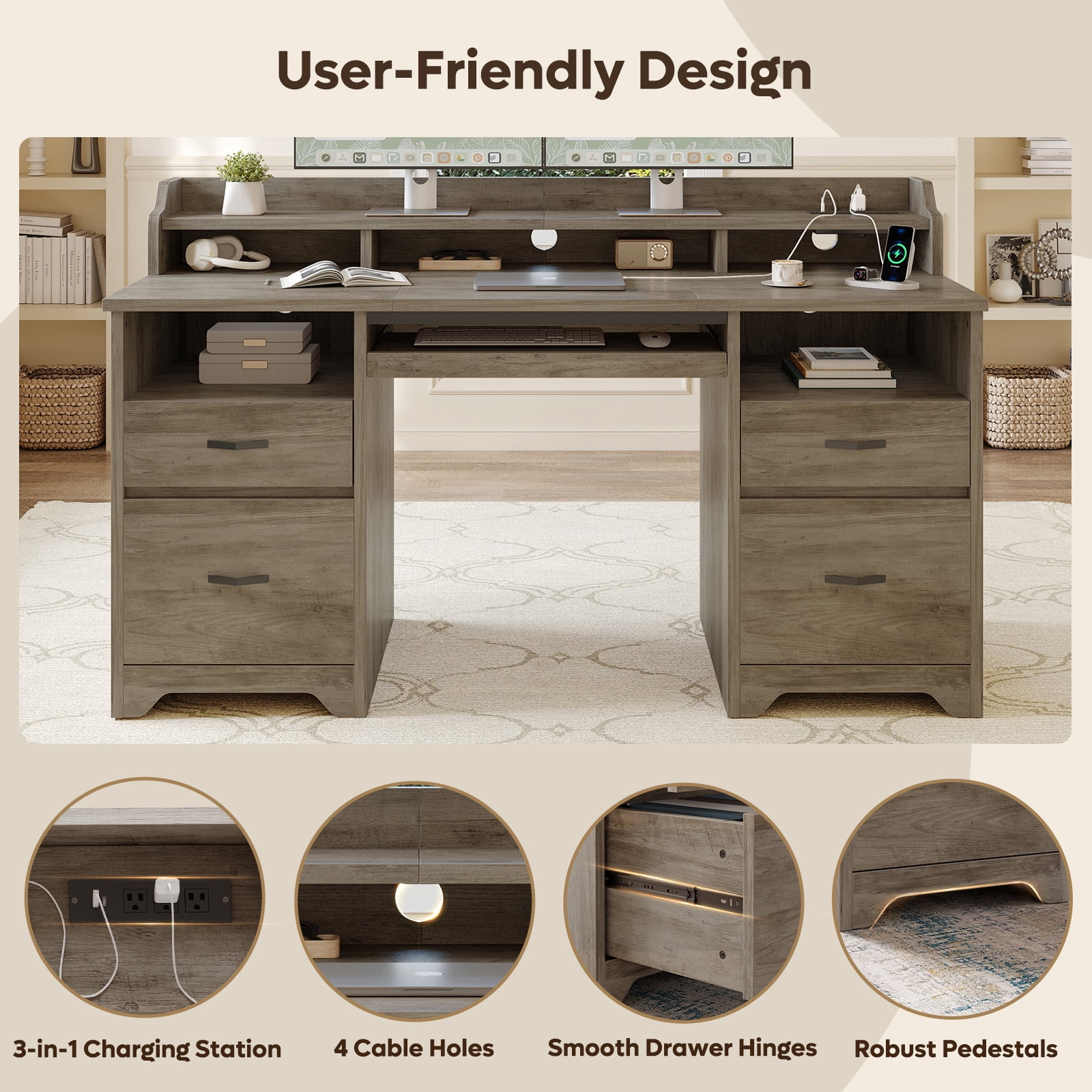 Bestier Farmhouse Executive Desk with Drawers, 59" Wood Computer Desk with Charging Station, Home Office Desk with Keyboard Tray & Monitor Stand，File Cabinet Sturdy Desk for Work Study, Gray