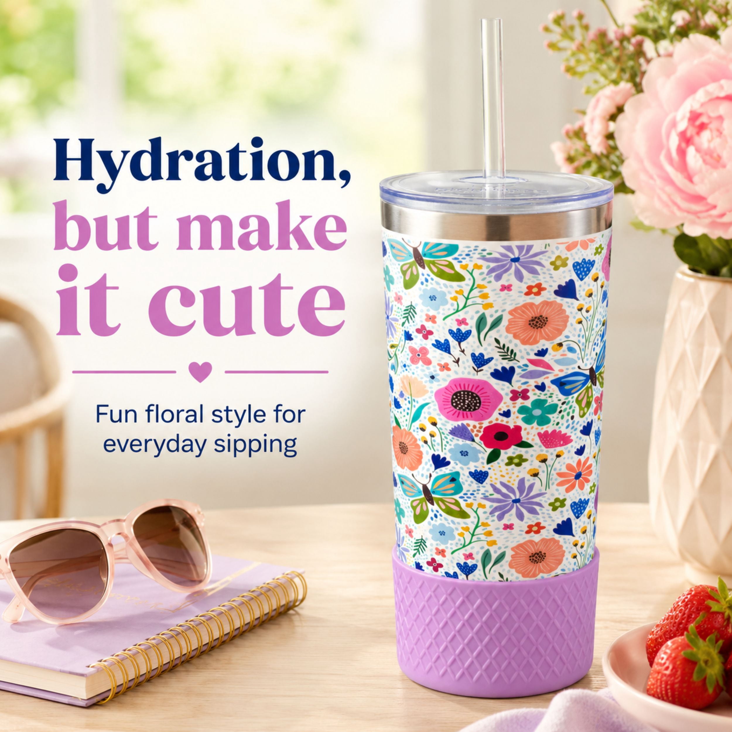 Biddlebee 20oz Insulated Stainless Steel Tumbler with Straw and Silicone Boot, Garden Blooms