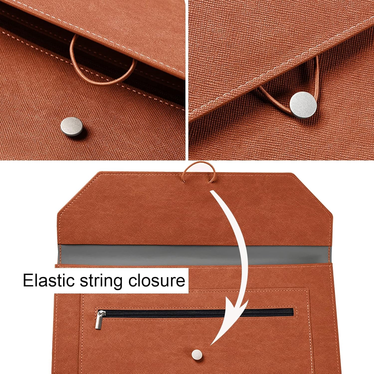 PU Leather A4 File Folder 2 Pockets Portfolio Envelope with Elastic String 3/4 Inch Expansion，Brown