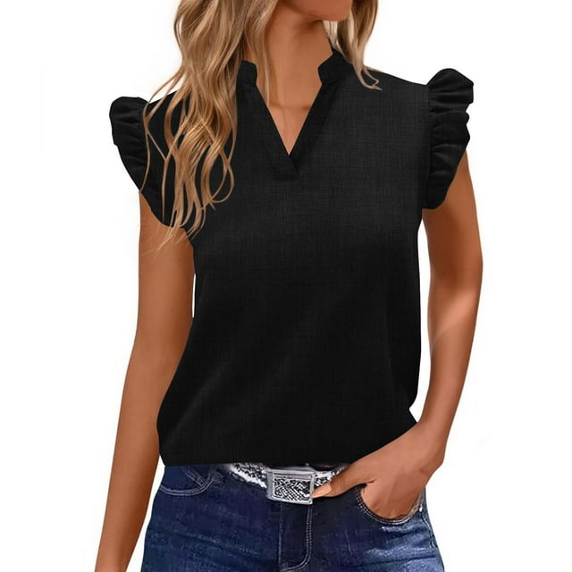 Soki Womens Short Sleeve T-Shirts V Neck Tops Summer Fashion Dressy Casual Basic Ruffle Blouse Soft Clothes
