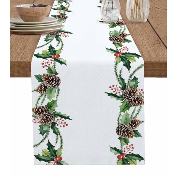 Green Pine Cone Table Runner 72 Inches, Christmas Winter Plants Leaves Bed Runner Dresser Scarves Tabletop for Indoor Outdoor Parties/Ceremony/Banquet, 18" x 72"