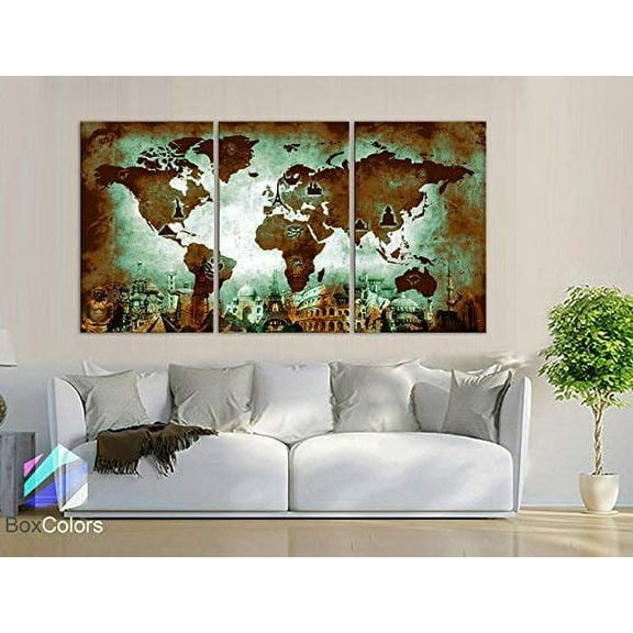 Original by BoxColors Large 30"x 60" 3 Panels 30x20 Ea Art Canvas Print Original Wonders of the world Old Paper Map Green Wall decor Home interior (framed 1.5" depth)