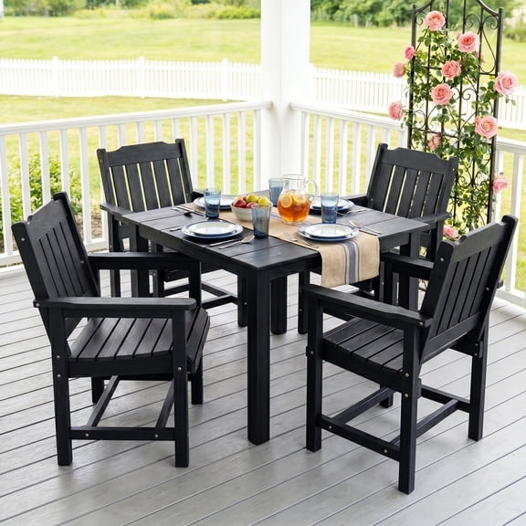 Innovaze HIPS Patio Dining Set for 4 Person, Outdoor Dining Chairs and 36.2" Dining Table with Umbrella Hole, All Weather-Resistant for Garden Yard (Black, 5 Piece)