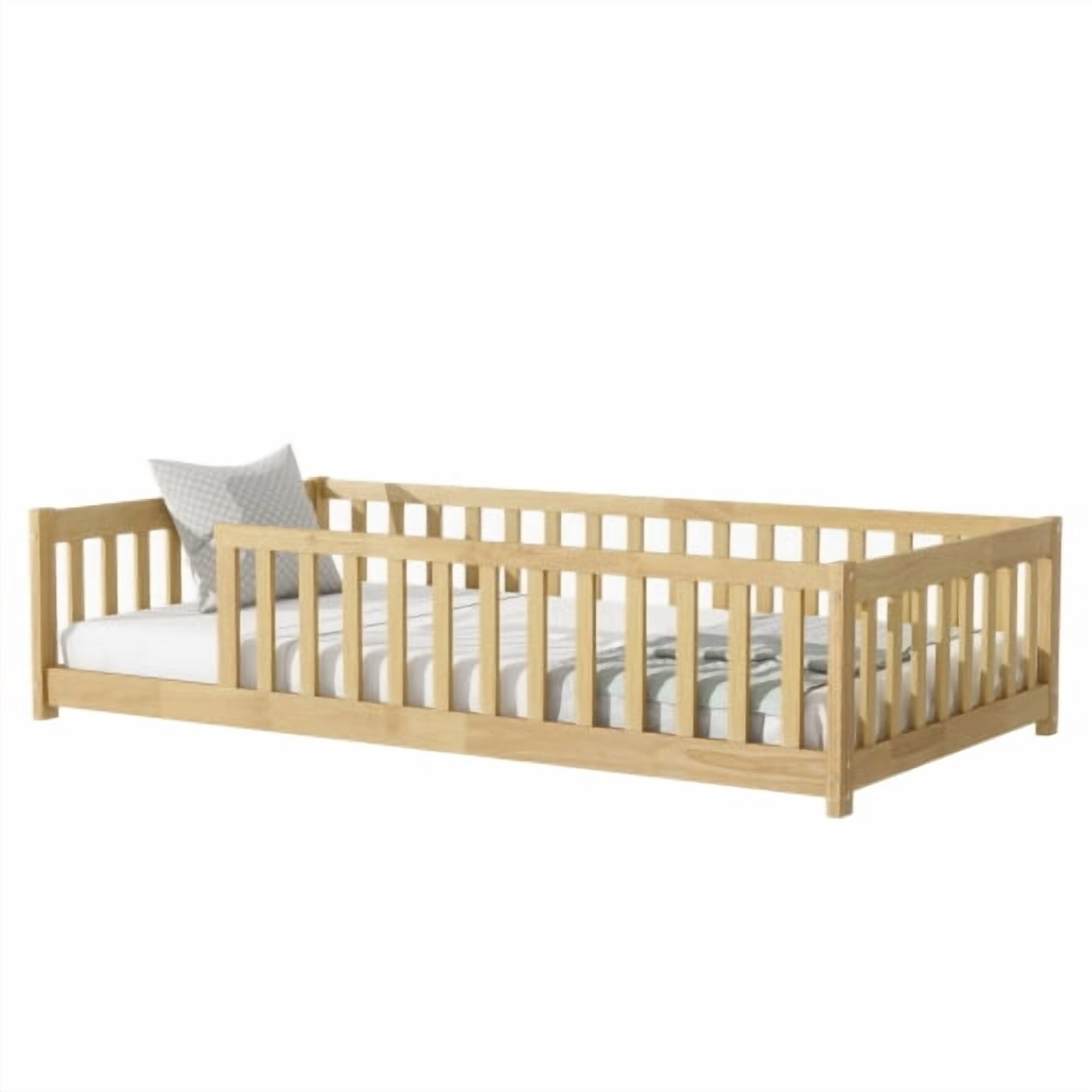 Twin Size Floor Bed with Fence without Door, Rubber Wood Floor Bed with Safety Guardrails,Natural