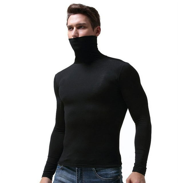 Chemises de Compression à Manches Longues pour Hommes, Col Roulé, Couche de Base d'Hiver, Chandail Léger (Noir 2TG)