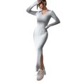 thumbnail image 2 of BAETEUY Women Spring Fall Dress V Neck Slit Hem Thread Slim Fit Long Sleeves Ankle Length Knitted Elastic Maxi Dress Shopping Dating Party Dress, 2 of 8
