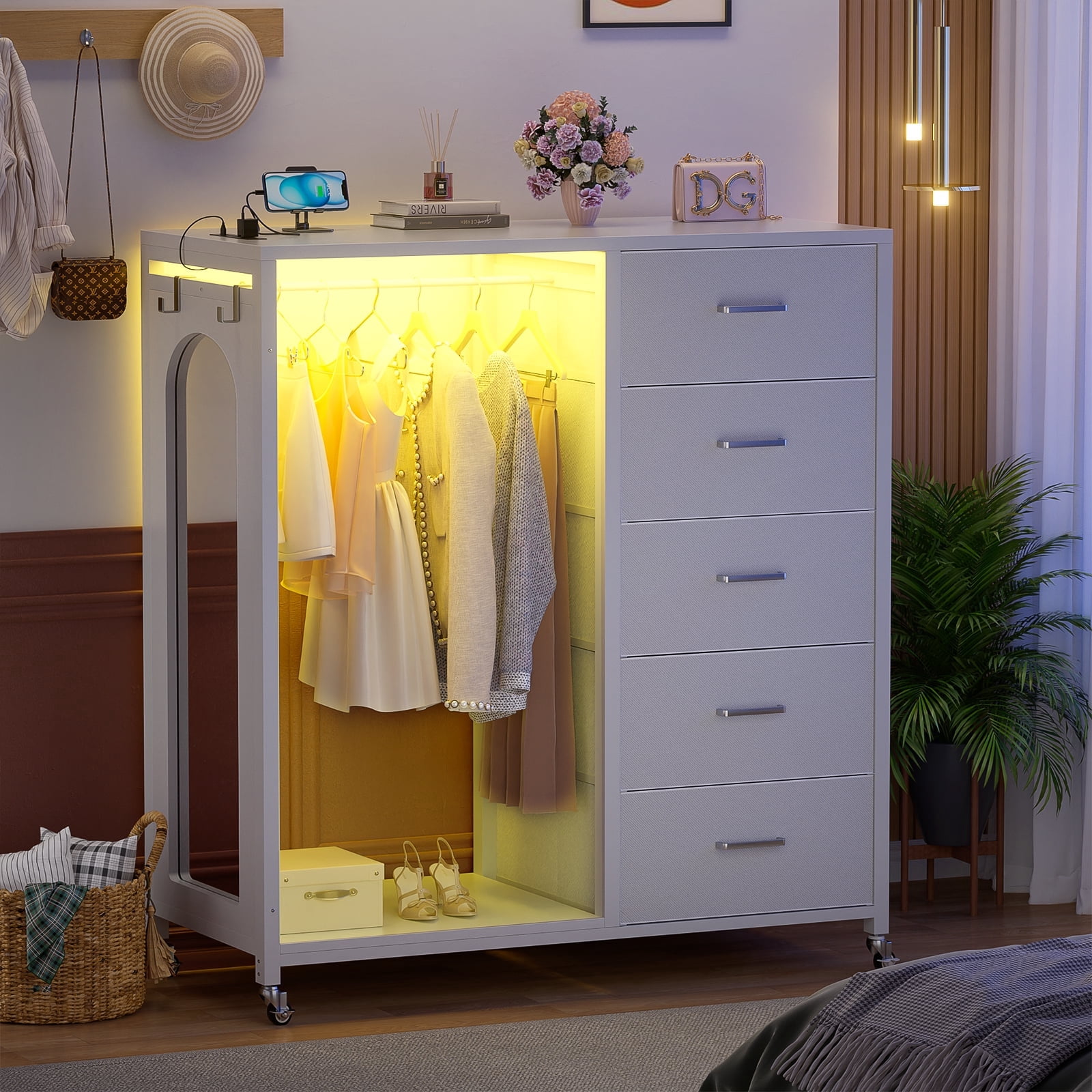 Homieasy Dresser for Bedroom with Clothes Rack & Mirror, Black 5 Drawers Dresser with Charging Station & LED Lights, Rolling Chest of Drawers with Wheels, Full Length Mirror, Wooden Top
